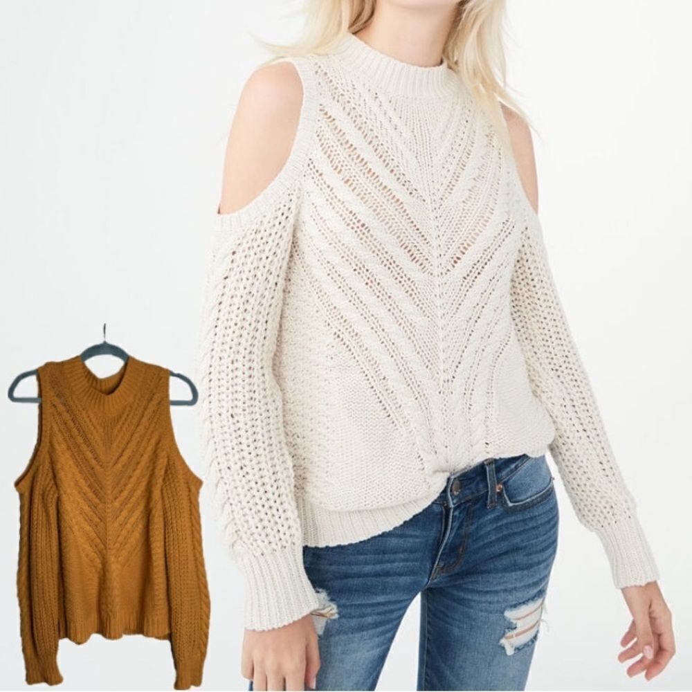 Aeropostale cable knit cold shoulder ribbed sweater burnt orange‎